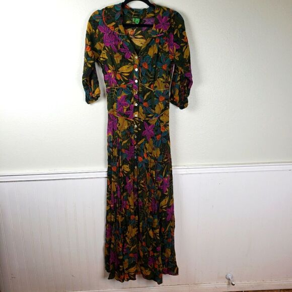 Farm Rio Women's Pink Blue Floral Button Up Floral Boho Dress Size Small